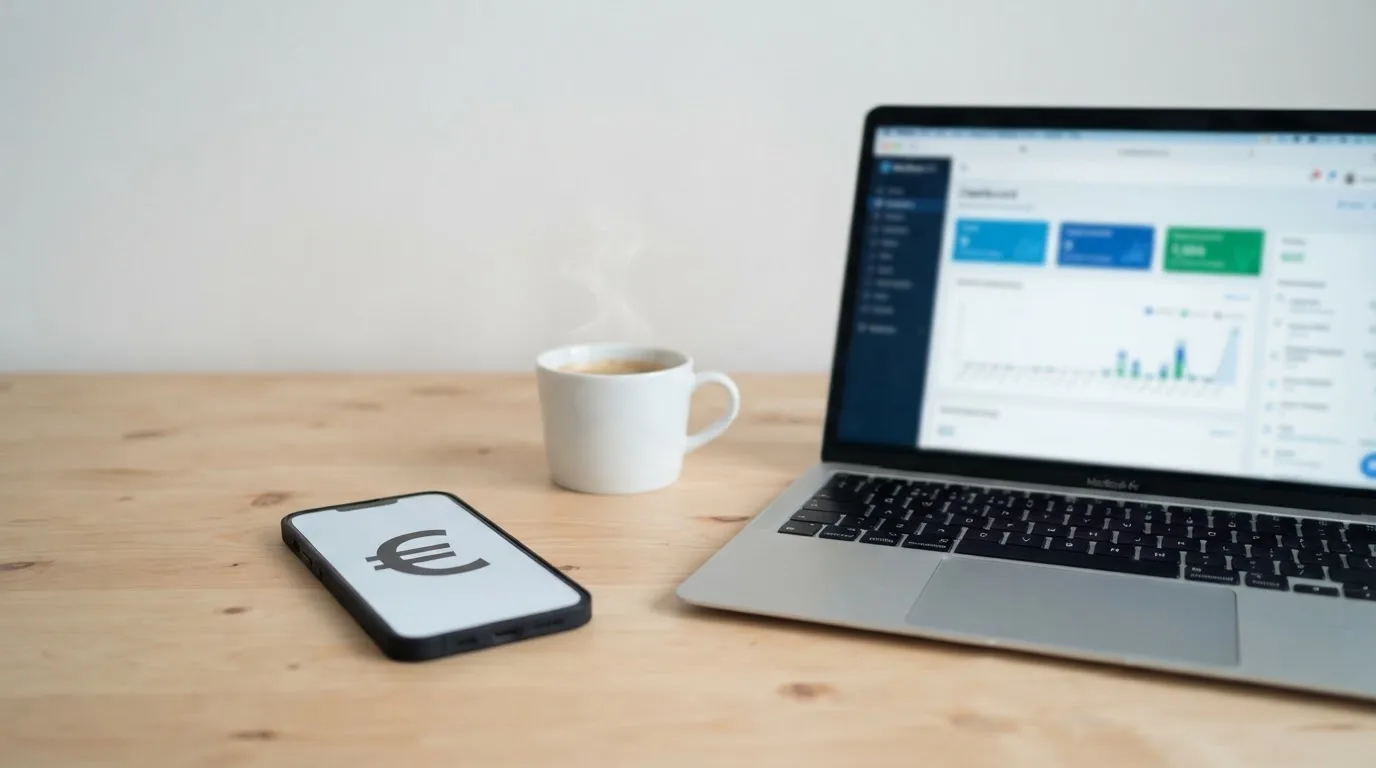 Een laptop en smartphone liggen naast elkaar op een bureau met een kop koffie ernaast.