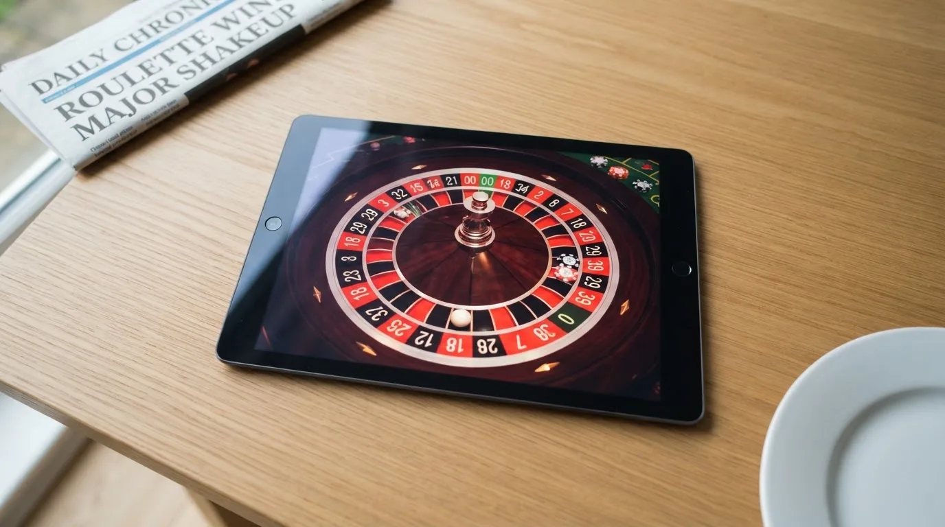 Een tablet ligt op een tafel met een spelscherm erop, gefotografeerd schuin van boven.
