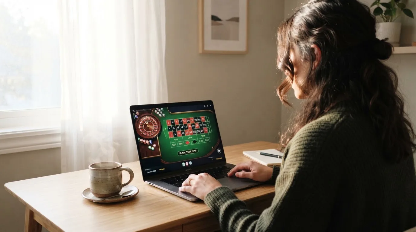 Iemand kijkt naar een laptopscherm aan een houten bureau bij daglicht.